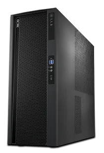 APEXX T4 PRO-X iş istasyonu: siyah mid tower kasa, ön yüzünde delikli hava ızgarası