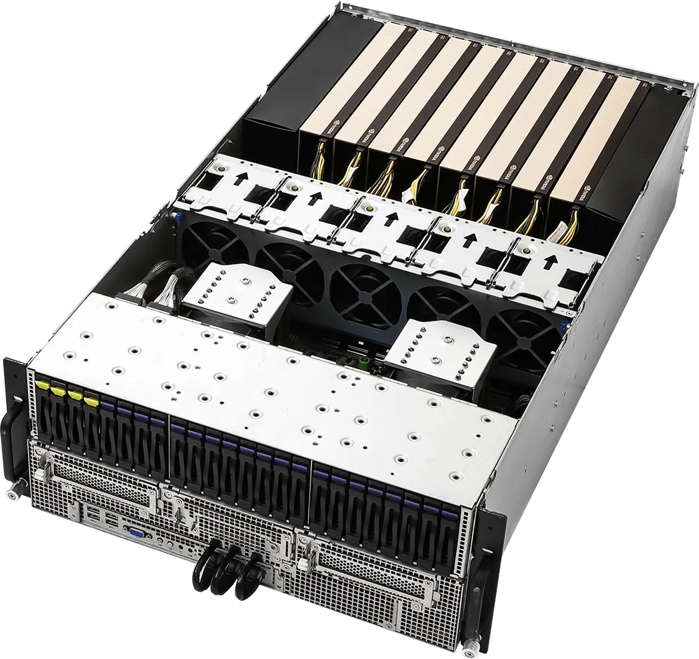 ASRock Rack 4U8G-TURIN2 sunucusunun kapağı açık üstten görünümü: sekiz hızlandırıcı yuvası ve orta bölmedeki fan duvarı